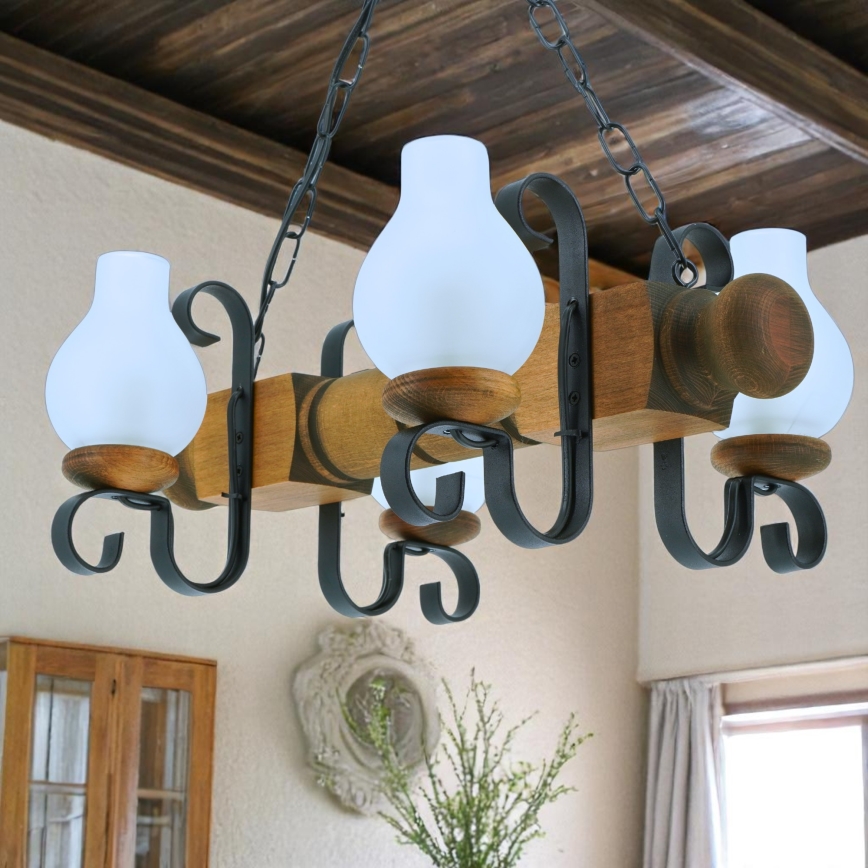 Pendel med kædeophæng RUSTIC 4xE14/40W/230V bøg - FSC certificeret