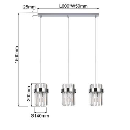 Pendel med ledning VETRO 3xE14/10W/230V i blank krom