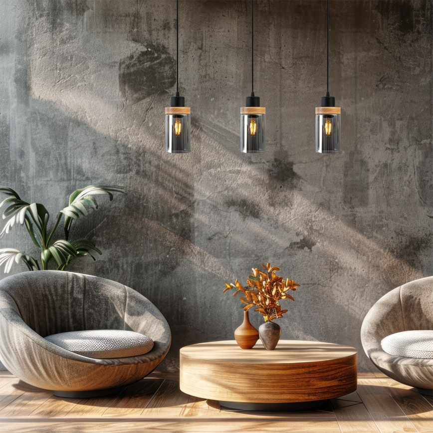 Pendel med wire WOODNEST 3xE27/15W/230V fyrretræ/røgfarvet sort
