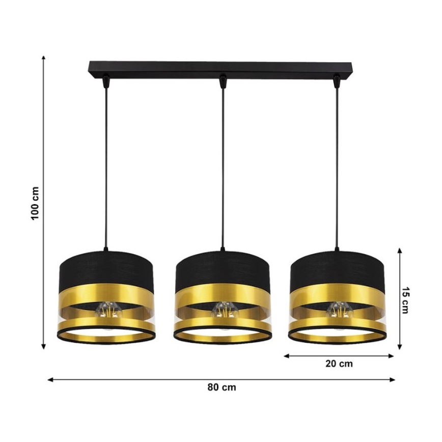 Pendel MILO 3xE27/60W/230V gylden/sort