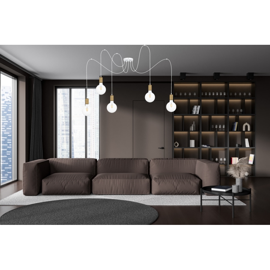 Pendel MIROS 5xE27/60W/230V edderkop hvid/guldfarvet