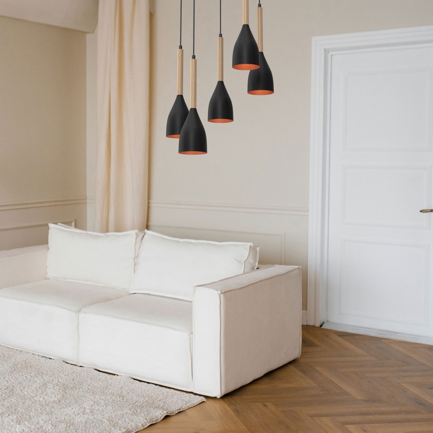 Pendel MUZA 5xE27/15W/230V sort/beige/kobber/bøg