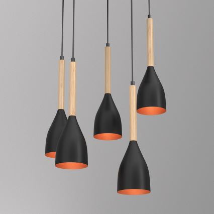 Pendel MUZA 5xE27/15W/230V sort/beige/kobber/bøg