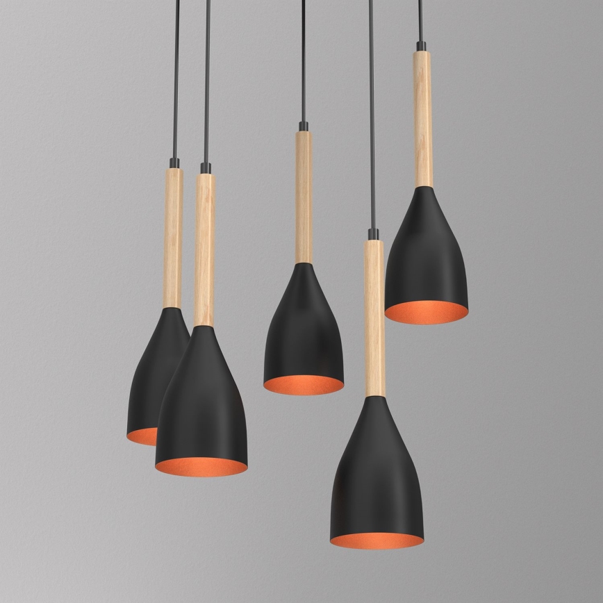 Pendel MUZA 5xE27/15W/230V sort/beige/kobber/bøg