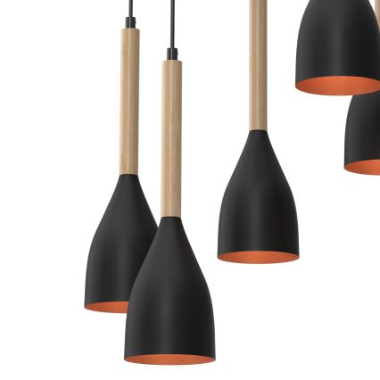 Pendel MUZA 5xE27/15W/230V sort/beige/kobber/bøg