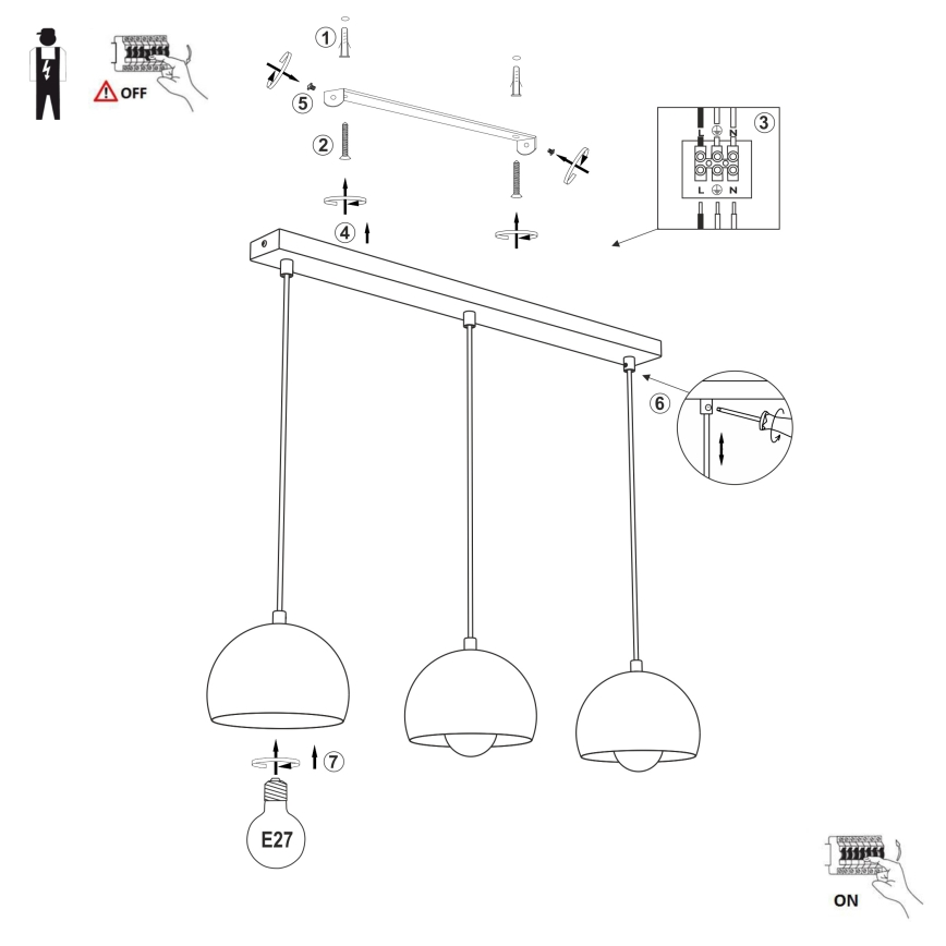 Pendel på kabel SOOL 3xE27/15W/230V cremefarvet