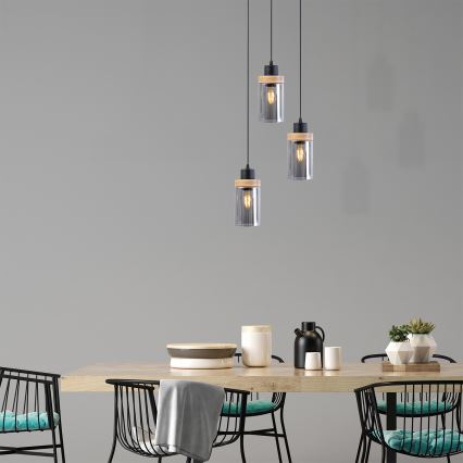 Pendel på kabel WOODNEST 3xE27/15W/230V, fyrretræ/røget sort