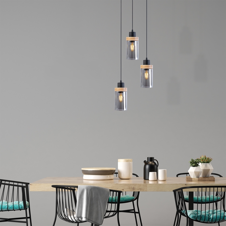 Pendel på kabel WOODNEST 3xE27/15W/230V, fyrretræ/røget sort