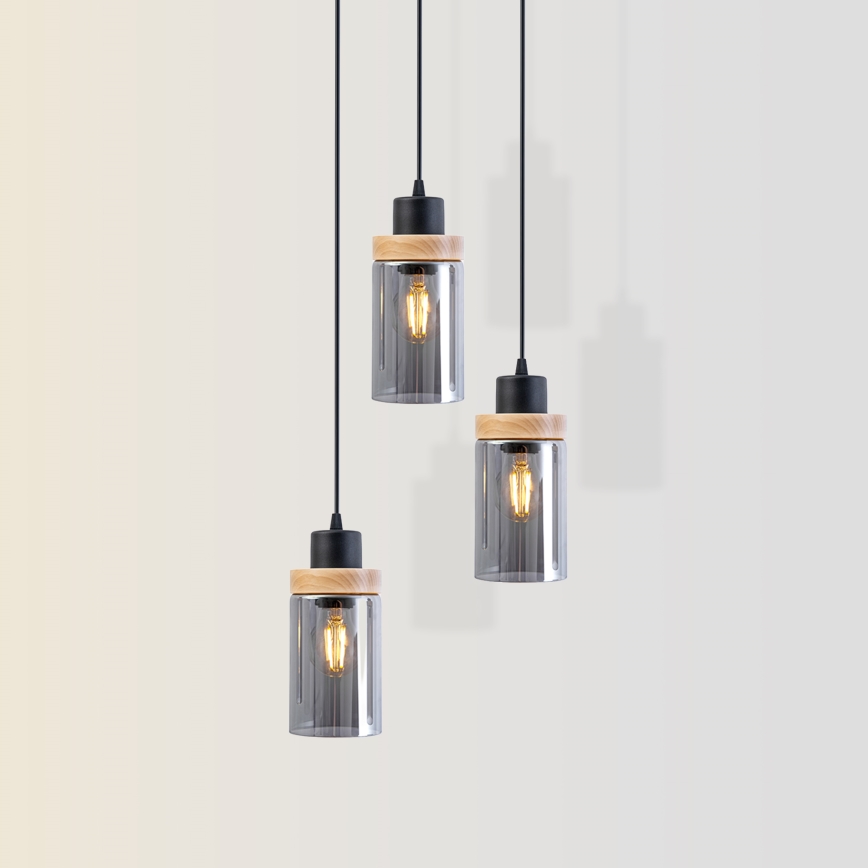 Pendel på kabel WOODNEST 3xE27/15W/230V, fyrretræ/røget sort