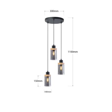 Pendel på kabel WOODNEST 3xE27/15W/230V, fyrretræ/røget sort