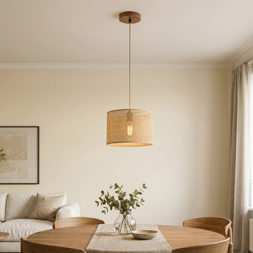 Pendel på ledning AIDA 1xE27/15W/230V Ø 25 cm egetræ/raffia