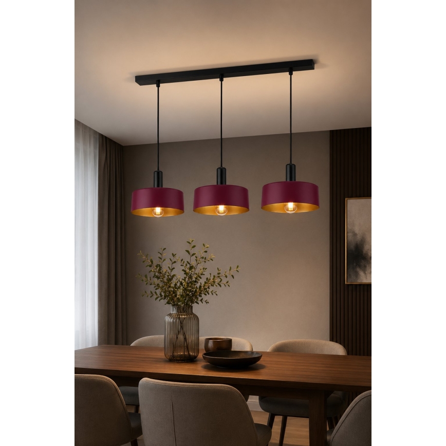 Pendel på ledning HAKI 3xE27/60W/230V vinrød/sort