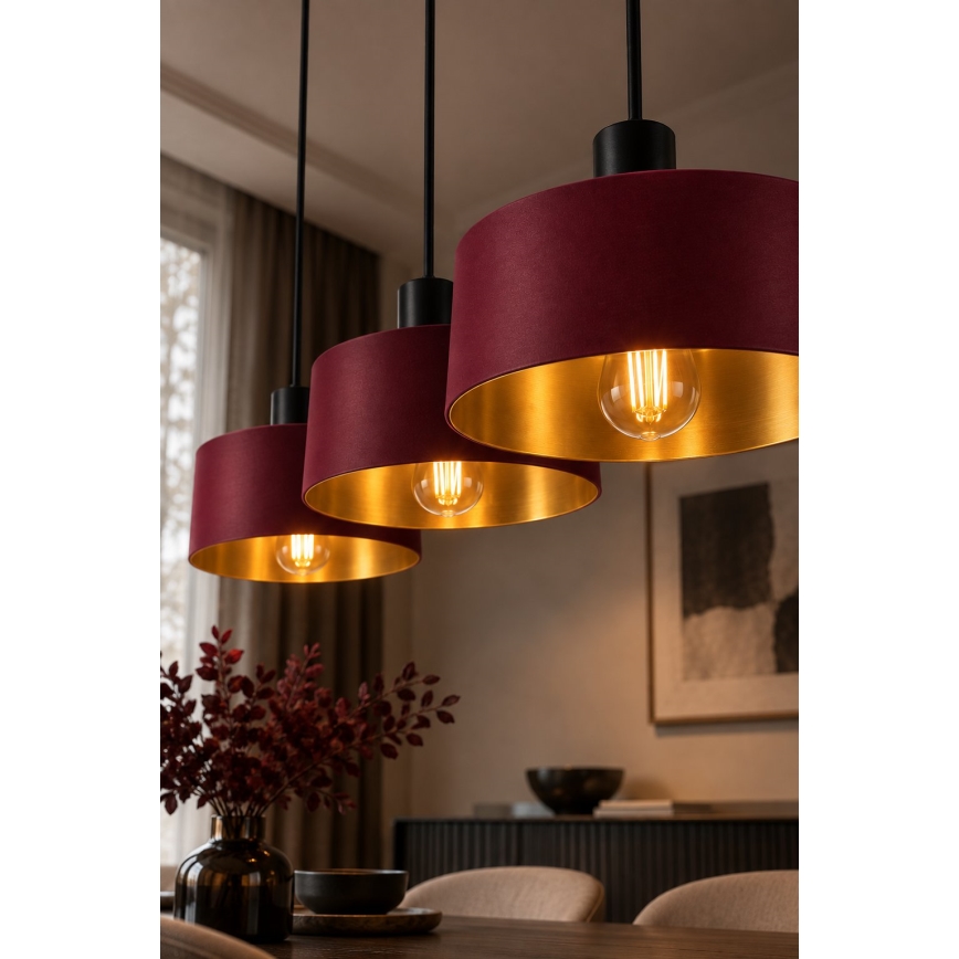 Pendel på ledning HAKI 3xE27/60W/230V vinrød/sort