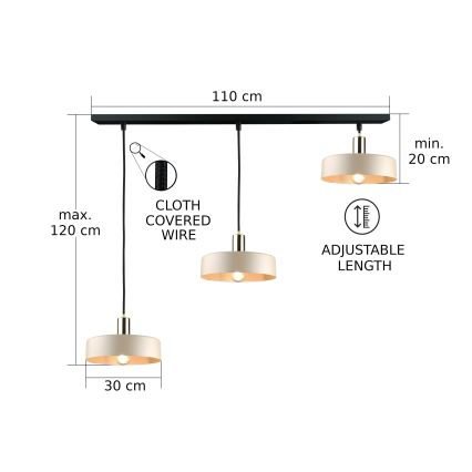 Pendel på ledning LATTE 3xE27/60W/230V beige/sort/guld