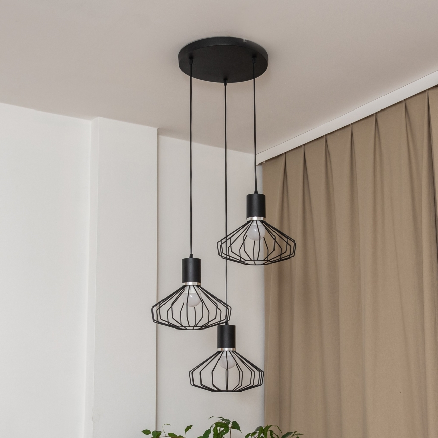 Pendel på wire SOLANO 3xE27/15W/230V sort/poleret krom