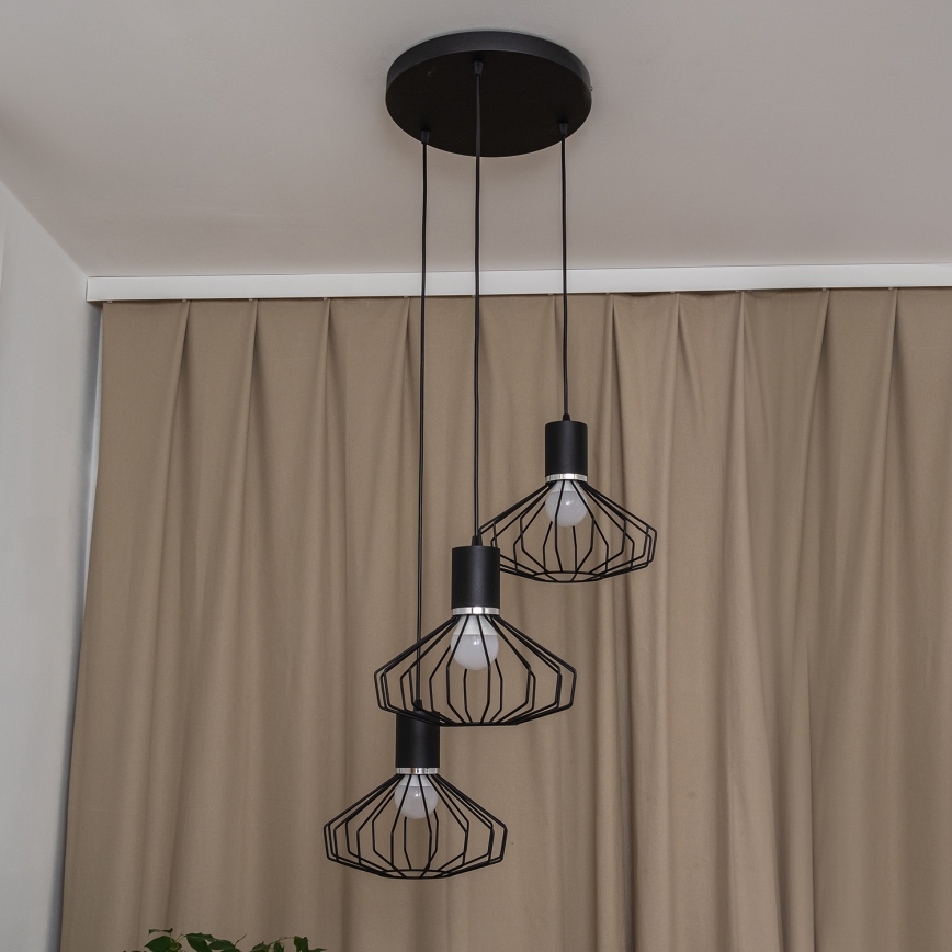 Pendel på wire SOLANO 3xE27/15W/230V sort/poleret krom