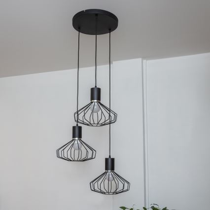 Pendel på wire SOLANO 3xE27/15W/230V sort/poleret krom
