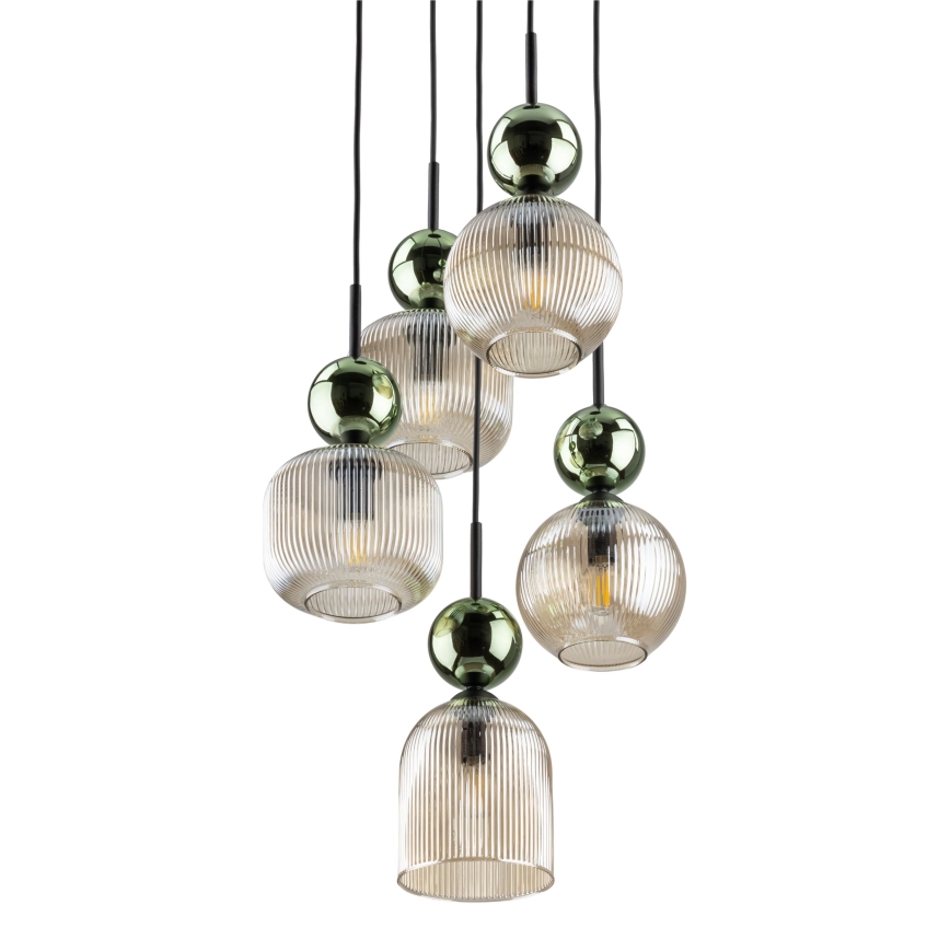 Pendel på wire SOPHIA 5xE14/10W/230V sort/grøn/røget beige