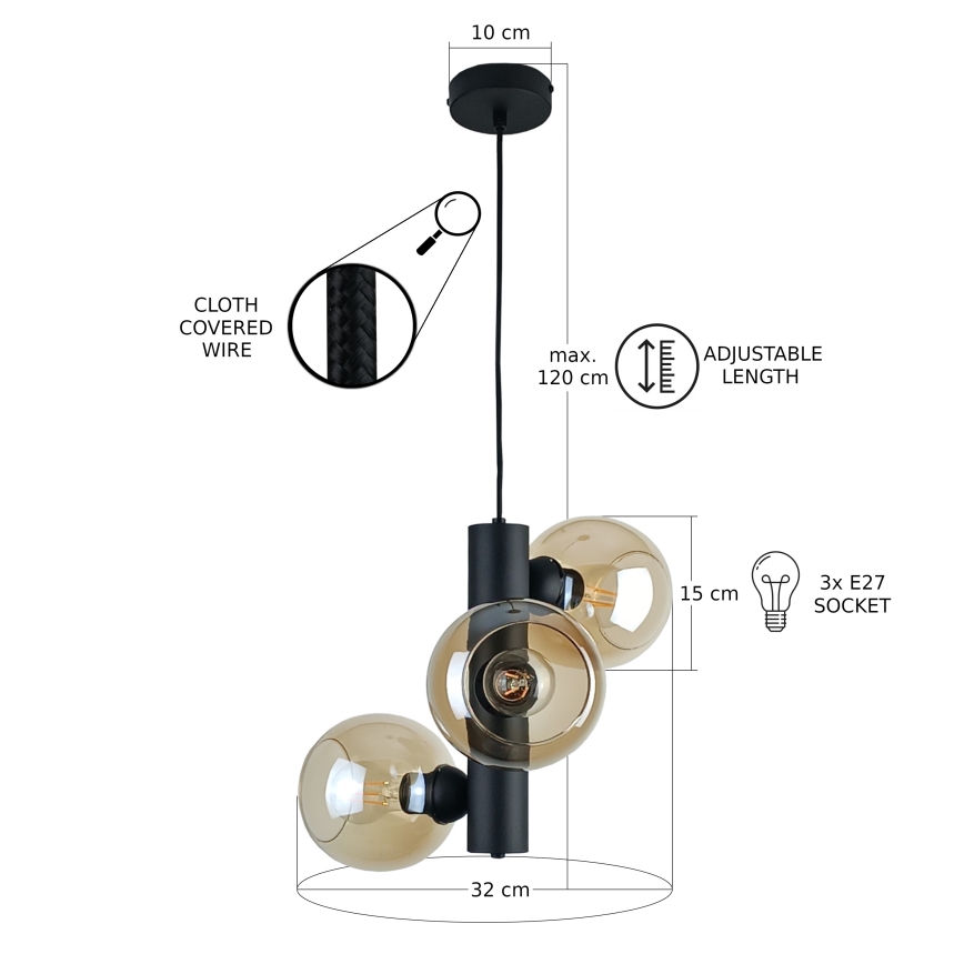 Pendel TUBE 3xE27/60W/230V sort/røget beige