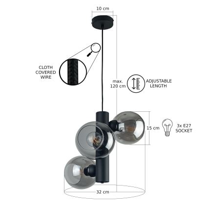 Pendel TUBE 3xE27/60W/230V sort/røget sort