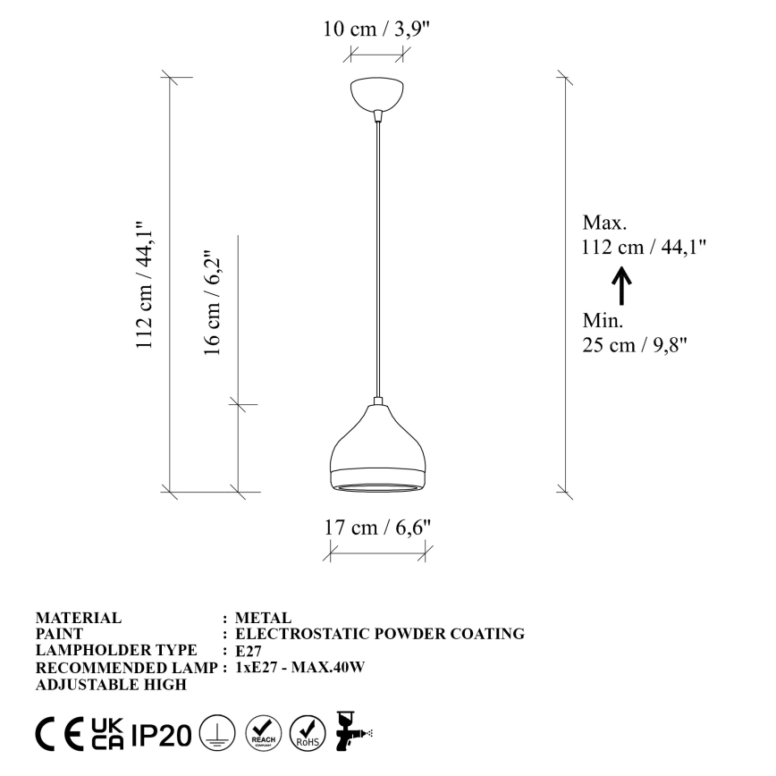 Pendel YILDO 1xE27/40W/230V hvid/guldfarvet