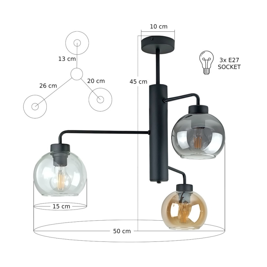 Pendellampe FLEX 3xE27/60W/230V sort/røget sort/røget beige/transparent