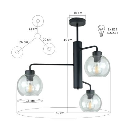 Pendellampe FLEX 3xE27/60W/230V sort/transparent