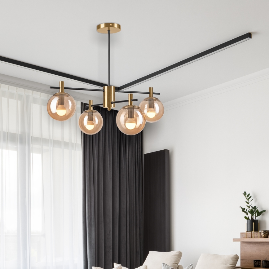 Pendellampe LILOU 4xE14/5W/230V guldfarvet/sort/røget beige