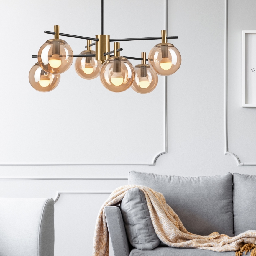 Pendellampe LILOU 6xE14/5W/230V guldfarvet/sort/røget beige