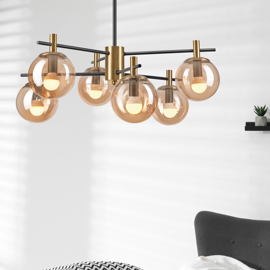 Pendellampe LILOU 6xE14/5W/230V guldfarvet/sort/røget beige