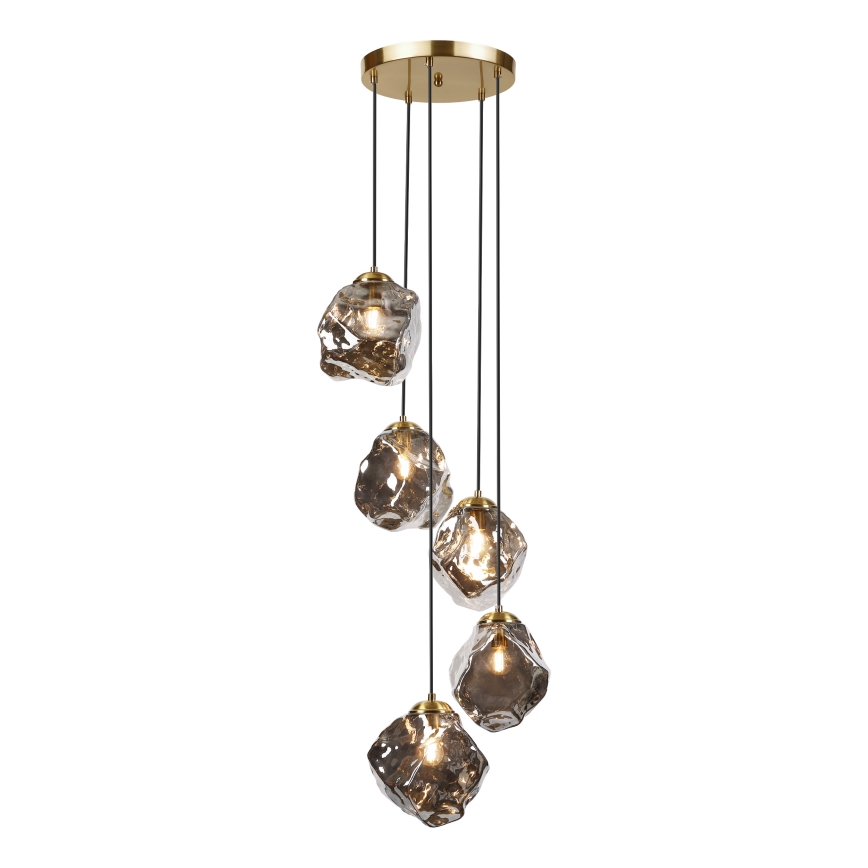 Pendellampe med wire CRISTAL 5xE14/15W/230V messing/røgfarvet sort