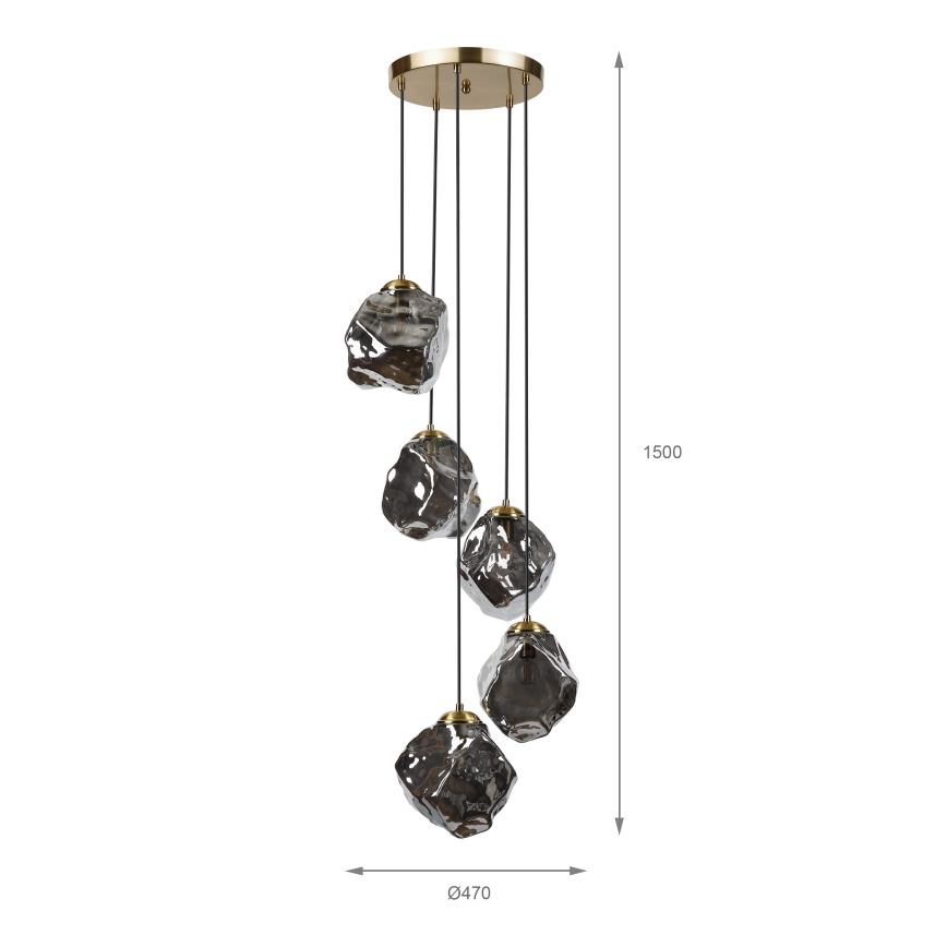 Pendellampe med wire CRISTAL 5xE14/15W/230V messing/røgfarvet sort