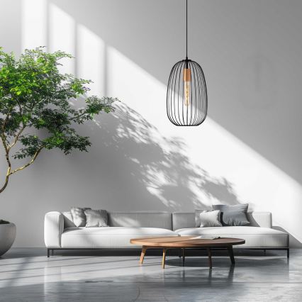 Pendellampe på kabel OVELLA 1xE27/15W/230V Ø 25 cm sort/fyrretræ
