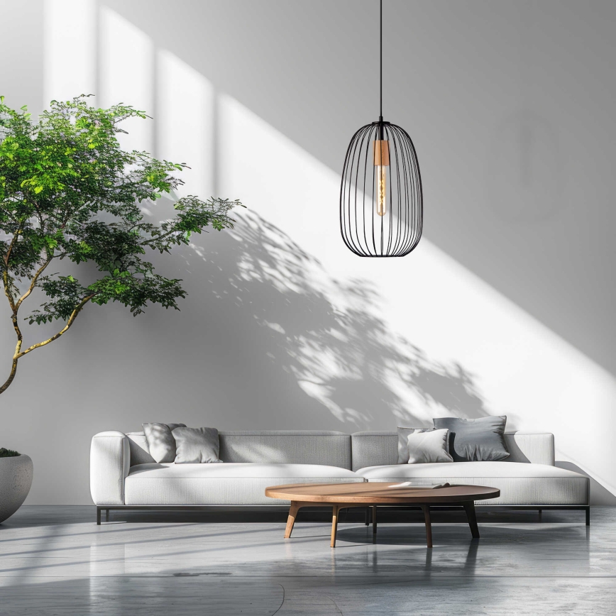 Pendellampe på kabel OVELLA 1xE27/15W/230V Ø 25 cm sort/fyrretræ