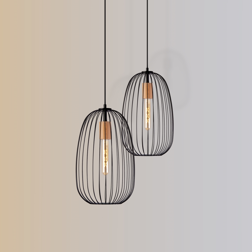 Pendellampe på kabel OVELLA 1xE27/15W/230V Ø 25 cm sort/fyrretræ