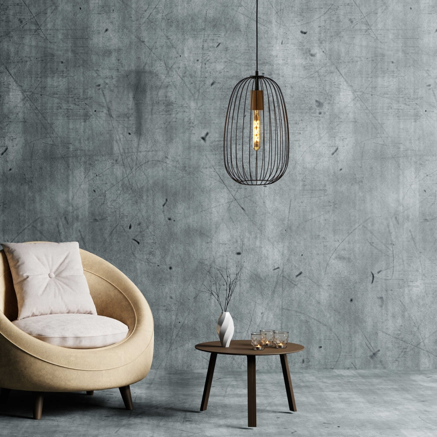 Pendellampe på kabel OVELLA 1xE27/15W/230V Ø 25 cm sort/fyrretræ