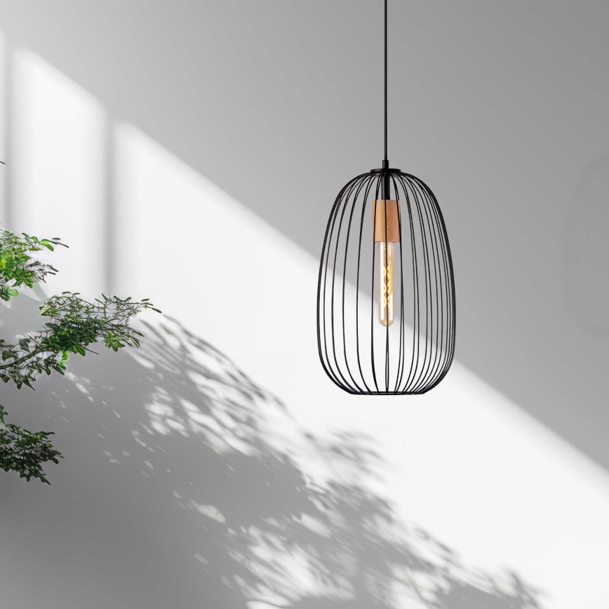 Pendellampe på kabel OVELLA 1xE27/15W/230V Ø 25 cm sort/fyrretræ