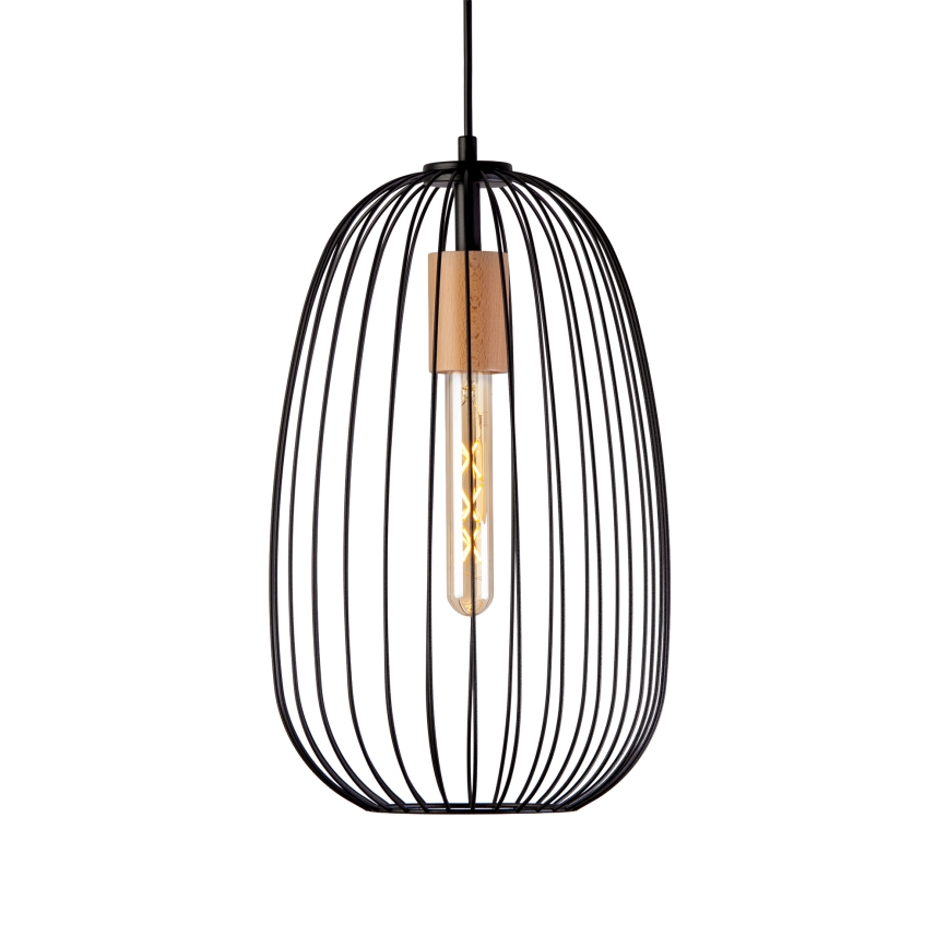 Pendellampe på kabel OVELLA 1xE27/15W/230V Ø 25 cm sort/fyrretræ