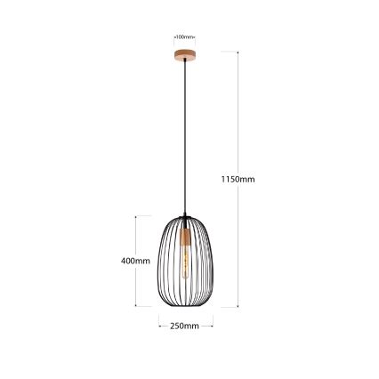 Pendellampe på kabel OVELLA 1xE27/15W/230V Ø 25 cm sort/fyrretræ