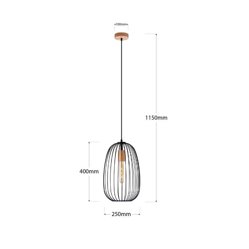 Pendellampe på kabel OVELLA 1xE27/15W/230V Ø 25 cm sort/fyrretræ