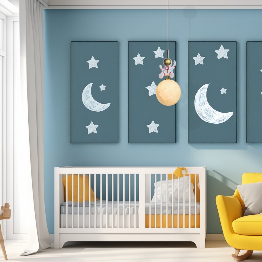 Pendellampe til børn ASTRONAUT 1xE27/60W/230V diameter 15 cm guldfarvet/beige