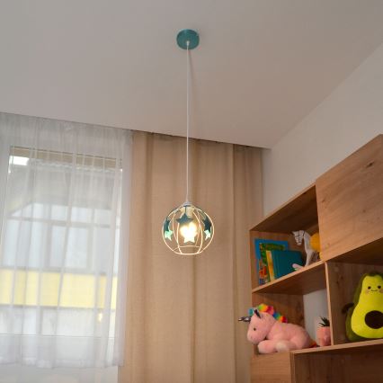 Pendellampe til børn STARS 1xE27/15W/230V turkis/hvid