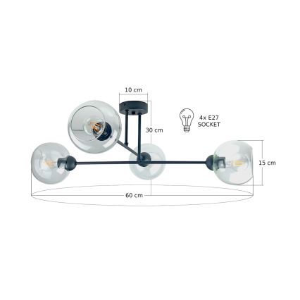 Pendellampe VASCO 4xE27/60W/230V sort/transparent