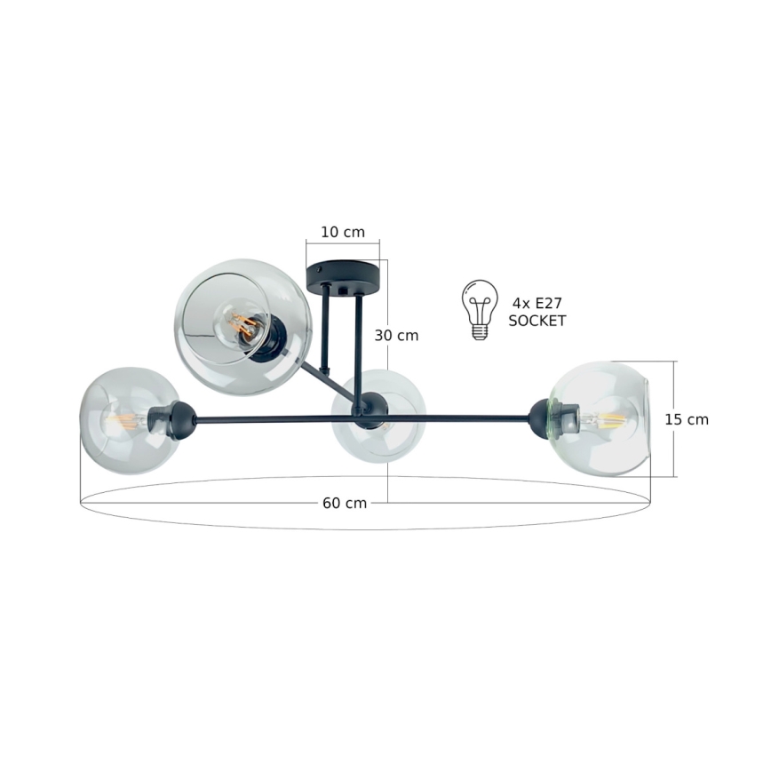 Pendellampe VASCO 4xE27/60W/230V sort/transparent