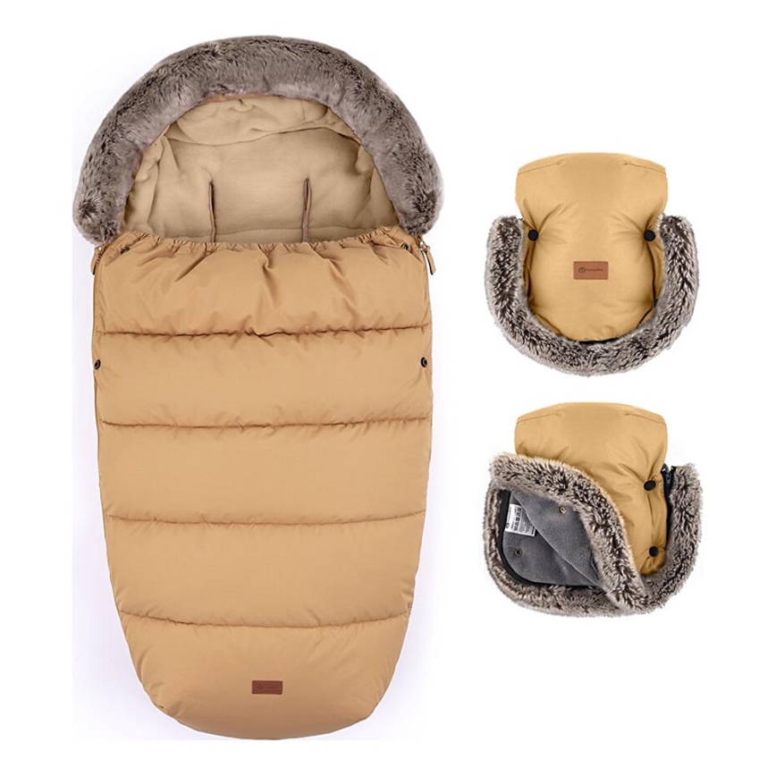 PETITE&MARS - SÆT 4-i-1 kørepose COMFY + håndmuffer til klapvogn Elegant Caramel