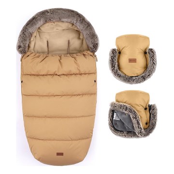PETITE&MARS - SÆT Børnefødselspose 4-i-1 COMFY + håndvarmere til klapvogn FURRY Elegant Caramel
