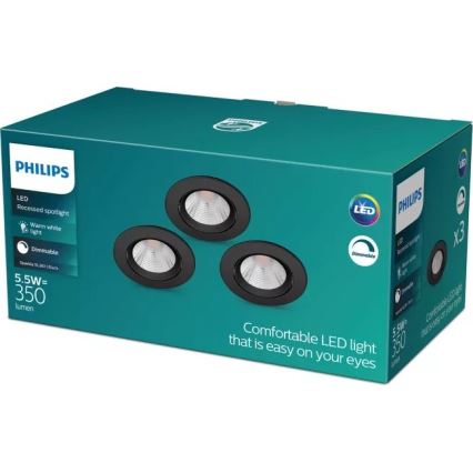 Philips - 3x LED indbygningslampe dæmpbar SPARKLE LED/5,5W/230V 2700K sort