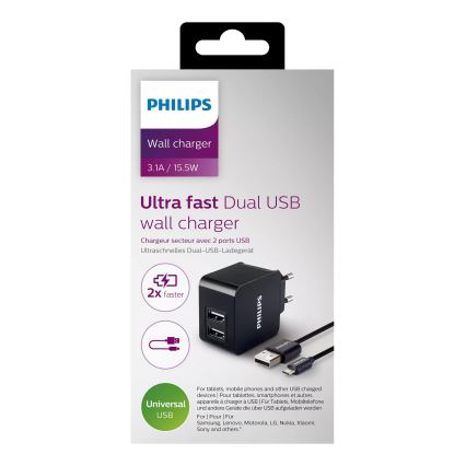 Philips DLP2307U/12 - Opladeradapter 2xUSB/15,5W/230V + kabel micro USB 1m