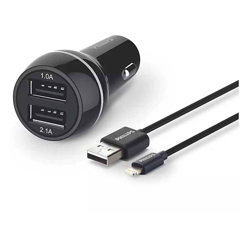 Philips DLP2357V/10 - Biloplader 2xUSB/12V + kabel USB/lightning-stik