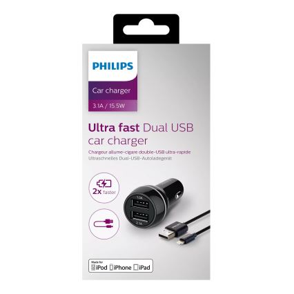 Philips DLP2357V/10 - Biloplader 2xUSB/12V + kabel USB/lightning-stik